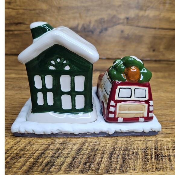 Christmas Holiday Salt Pepper Shaker set with base House Truck and Tree - Picture 4 of 11